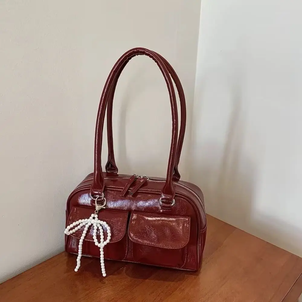 

All-match Korean Style PU Bowling Bag Handbag Solid Color Pocket Boston Tote Bag French Style Minority Design Underarm Bag Girls