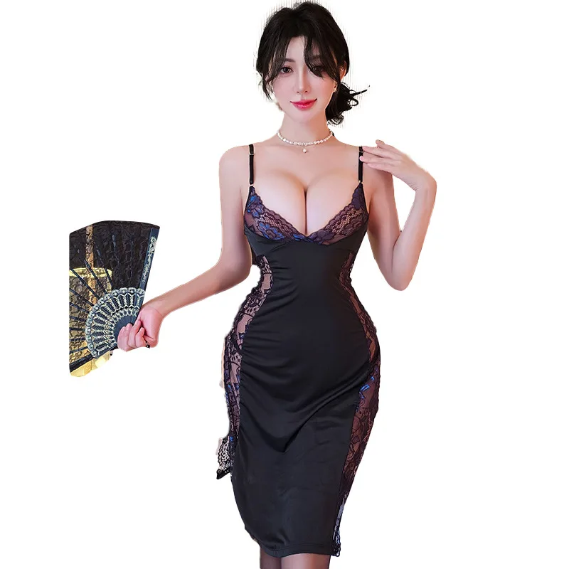 

Sexy Lace High Waist Slit Cheongsam Seductively Perspective Suspender Nightgown Hot Girl Sexi Lingerie Soft Comfortable Pajamas
