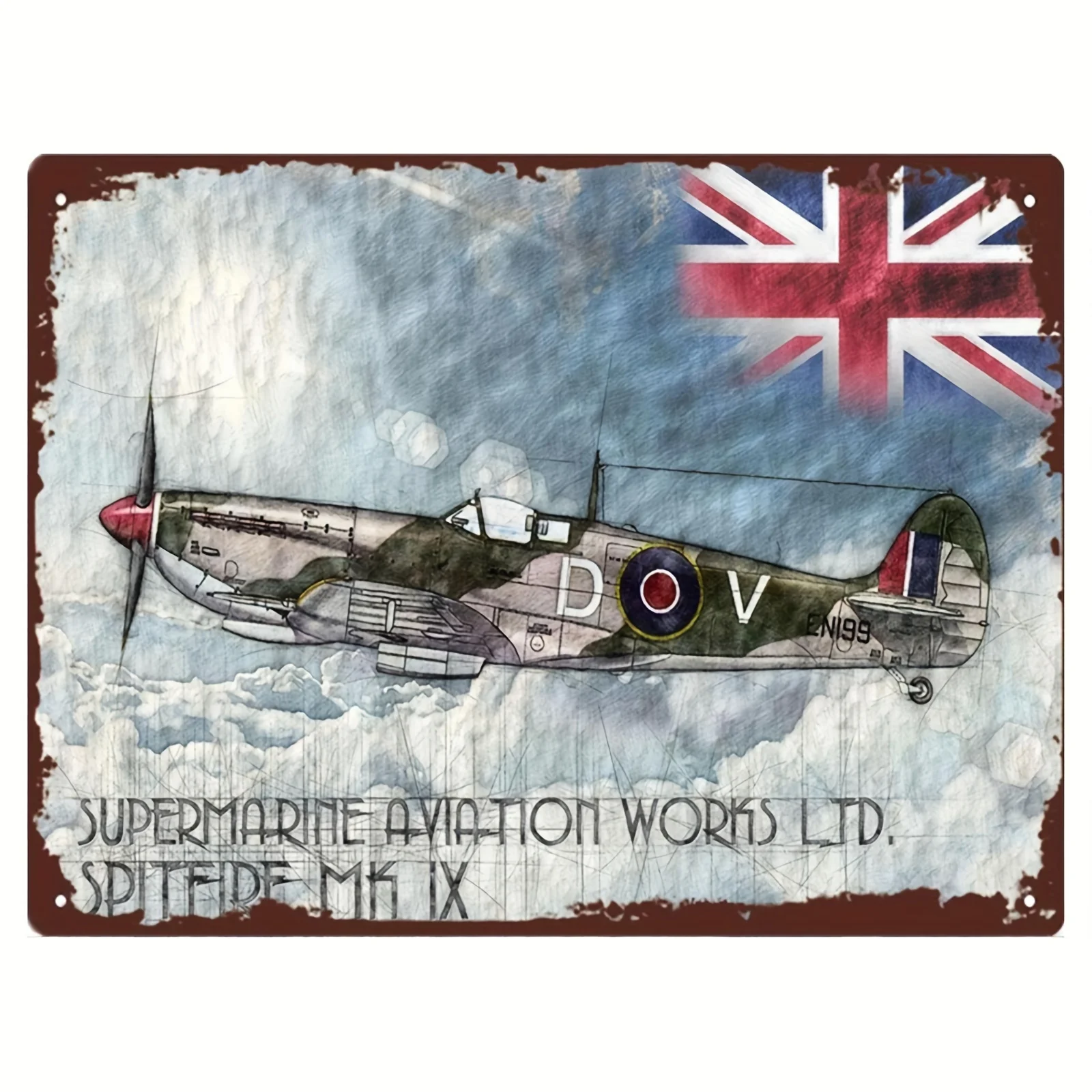 Vintage Spitfire IX Metal Wall Art -  Frameless Tin Sign, Retro Iron Poster with Union Jack & Supermarine Aviation Works Desi