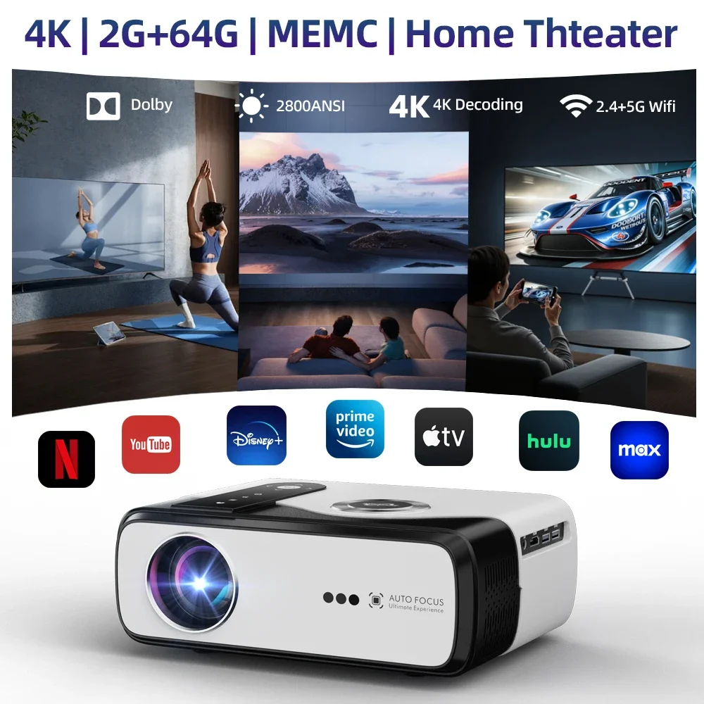 

new 4K 2800ANSI portable projector auto focus 2+64G UHD home theater 2.4+5G dual dobly wifi smart android tv movie projector