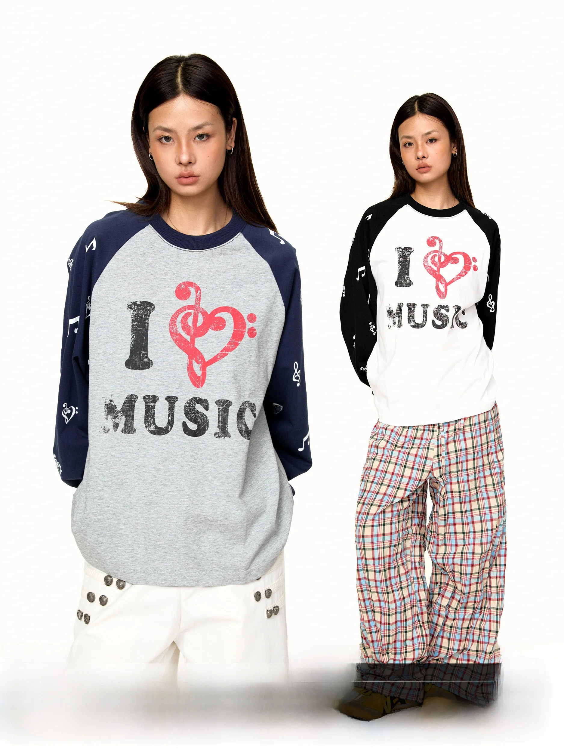 Love Note Print Splice round Neck Long Sleeve T-Shirt Autumn Color Collision Base Shirt Top Casual Style Loose Fit Cotton