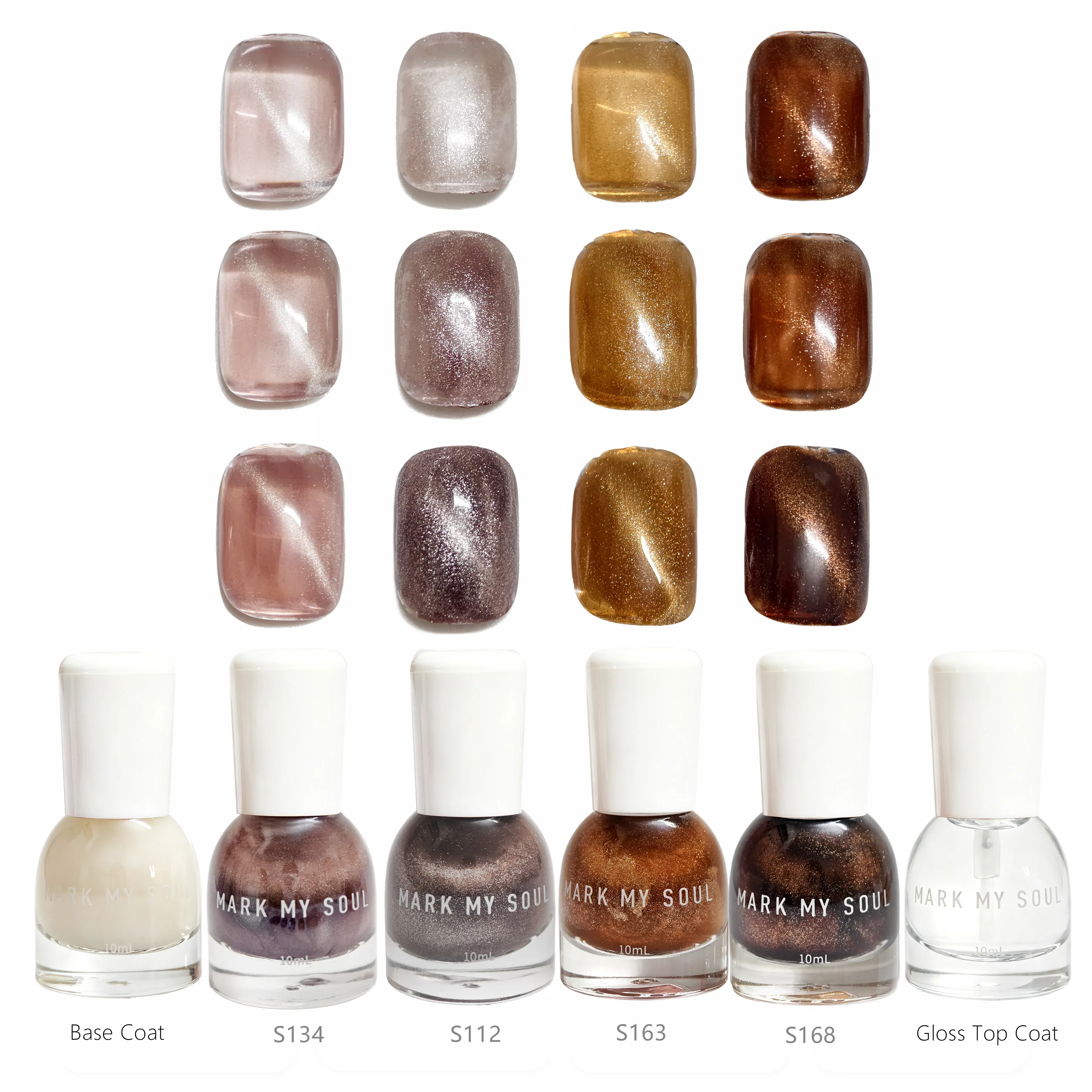 6 Pieces Caramel Ambience Cat Eye, MARK MY SOUL No UV Lamp Cat Eye Nail Polish Set, 4 Cat Eye Polishes S112/S163/S168/S134 + MS0