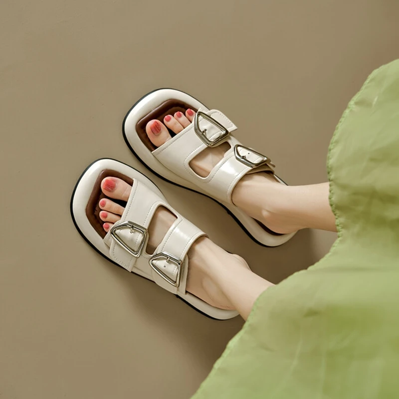 NEW Summer Women Slippers Split Leather Shoes for Women Square Toe Low Heel Women Sandals Casual Open Toe Metal Buckle Slippers