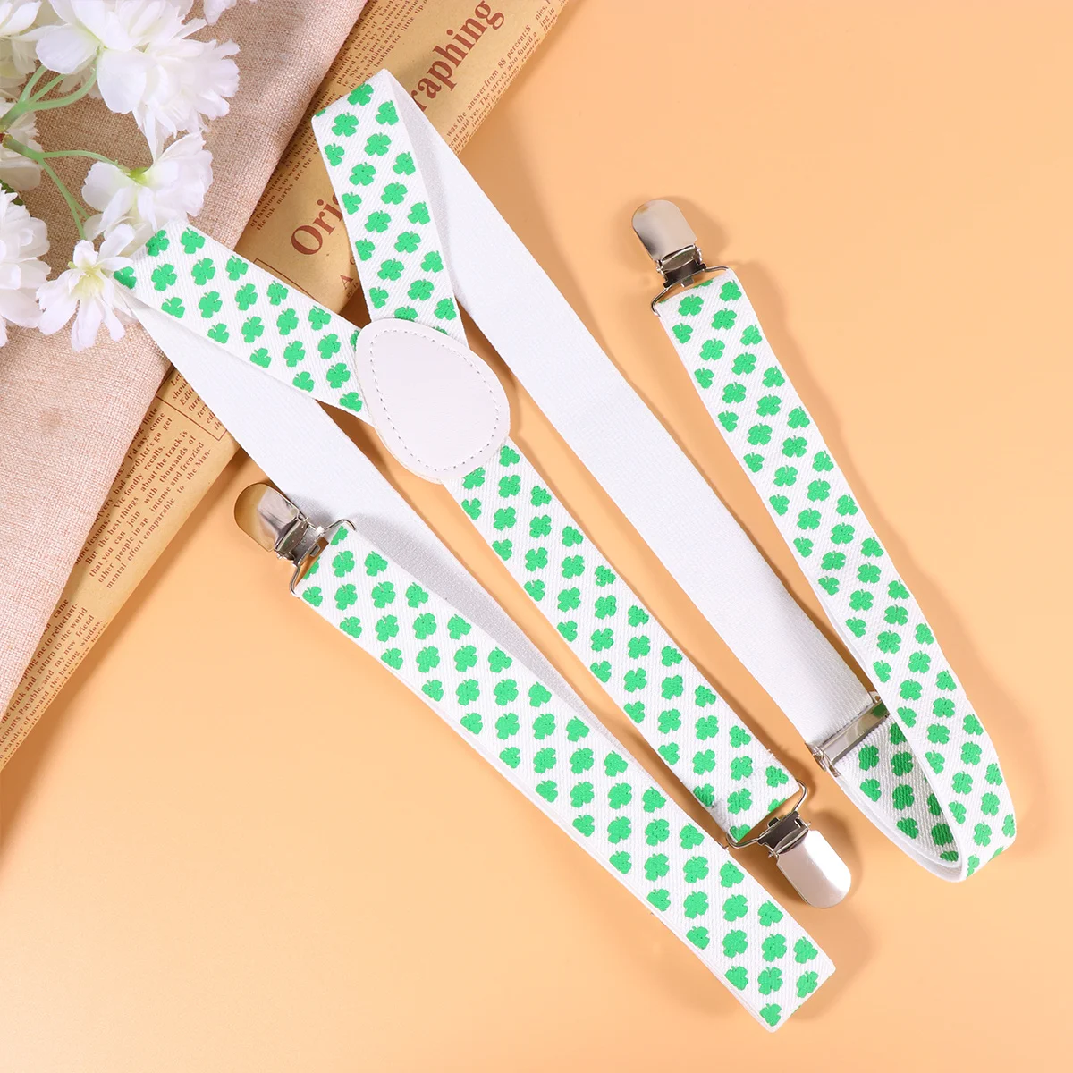 

2Pcs Pants Holder 2.5cm Wide Clover Print Elastic Suspenders Adjustable Clip on Braces for Jeans Trousers Unisex