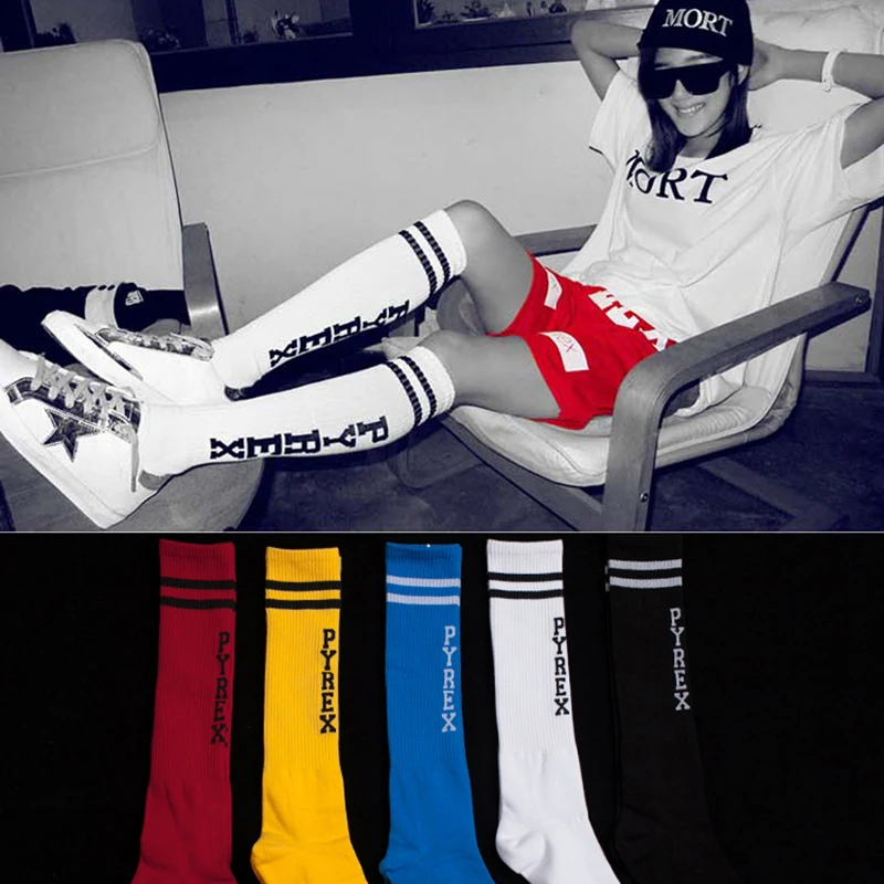 Unisex for Men Women Letter PYREX 23 Stripes Cotton Socks High Tube Long Hip Hop Street Solid Color Sport Football Sox Black