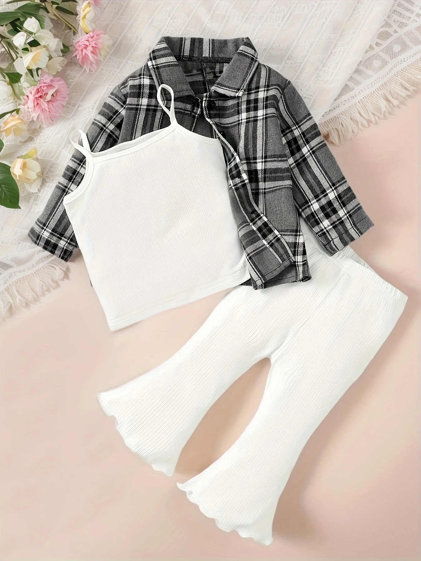 

Fashionable Baby Girl 3-Piece Set (Plaid Shirt & Bell-Bottom Pants) - Valentine’s & Birthday Gift, Spring Occasions