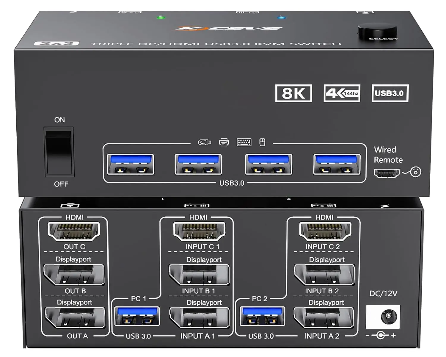 KVM Switch 3 Monitors 2 Computers 8K@60Hz 4K@144Hz 2 Displayport HDMI USB3.0 KVM Switch Triple Monitor with 4 USB 3.0 Port for