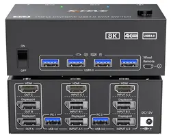 Przełącznik KVM 3 monitory 2 komputery 8K@60Hz 4K@144Hz 2 Displayport HDMI USB3.0 Przełącznik KVM Potrójny monitor z 4 portami USB 3.0 dla