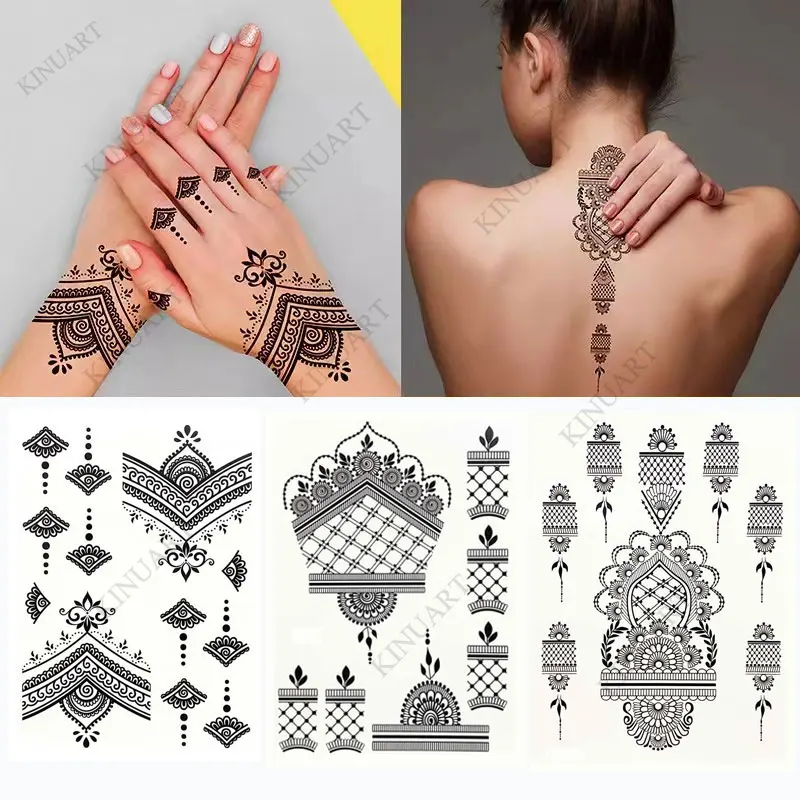 Black Henna Temporary Tattoos Lace Flower Mehndi Tattoo Sticker for Women Wedding Waterproof Fake Tattoo Festival Body Art Hena