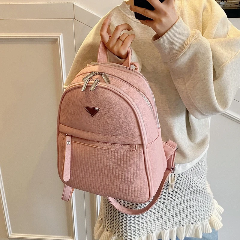 

New Lingge Embroidery Small Backpack Fashion Solid Color Zipper Women Shoulder Bag Large Capacity PU Leather Travel Backpack