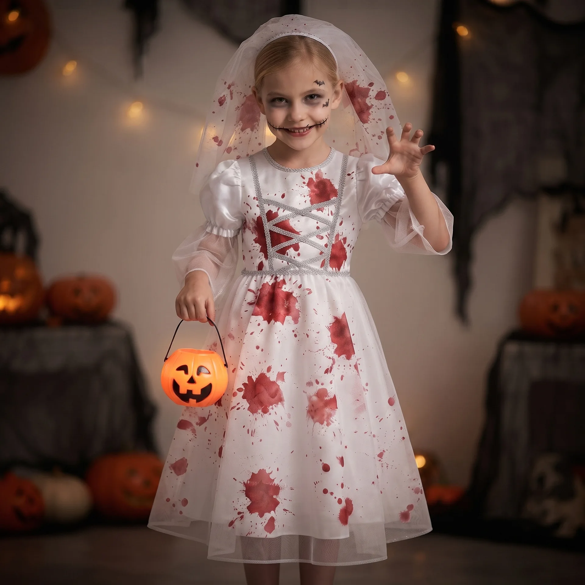 Halloween Costumes Ghost Bride Wedding Dress Hallowmas Party Parade Scary Zombie Bride Outfit Stage Performance Fancy Dress