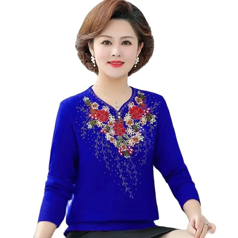 New High-Quality Spring Autumn Knitted Sweater Fashion Middle Aged Elderly Women\'s Knitwear Pullover Lady Embroidery Top T-Shirt