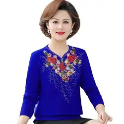 New High-Quality Spring Autumn Knitted Sweater Fashion Middle Aged Elderly Women's Knitwear Pullover Lady Embroidery Top T-Shirt