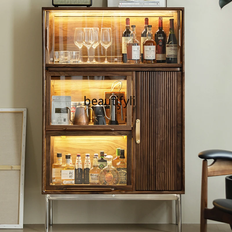 Black Walnut Solid Wood Wine Cabinet Display Cabinet Made of Glass with Light Sideboard  Tea Cabinet Wall Home Hand