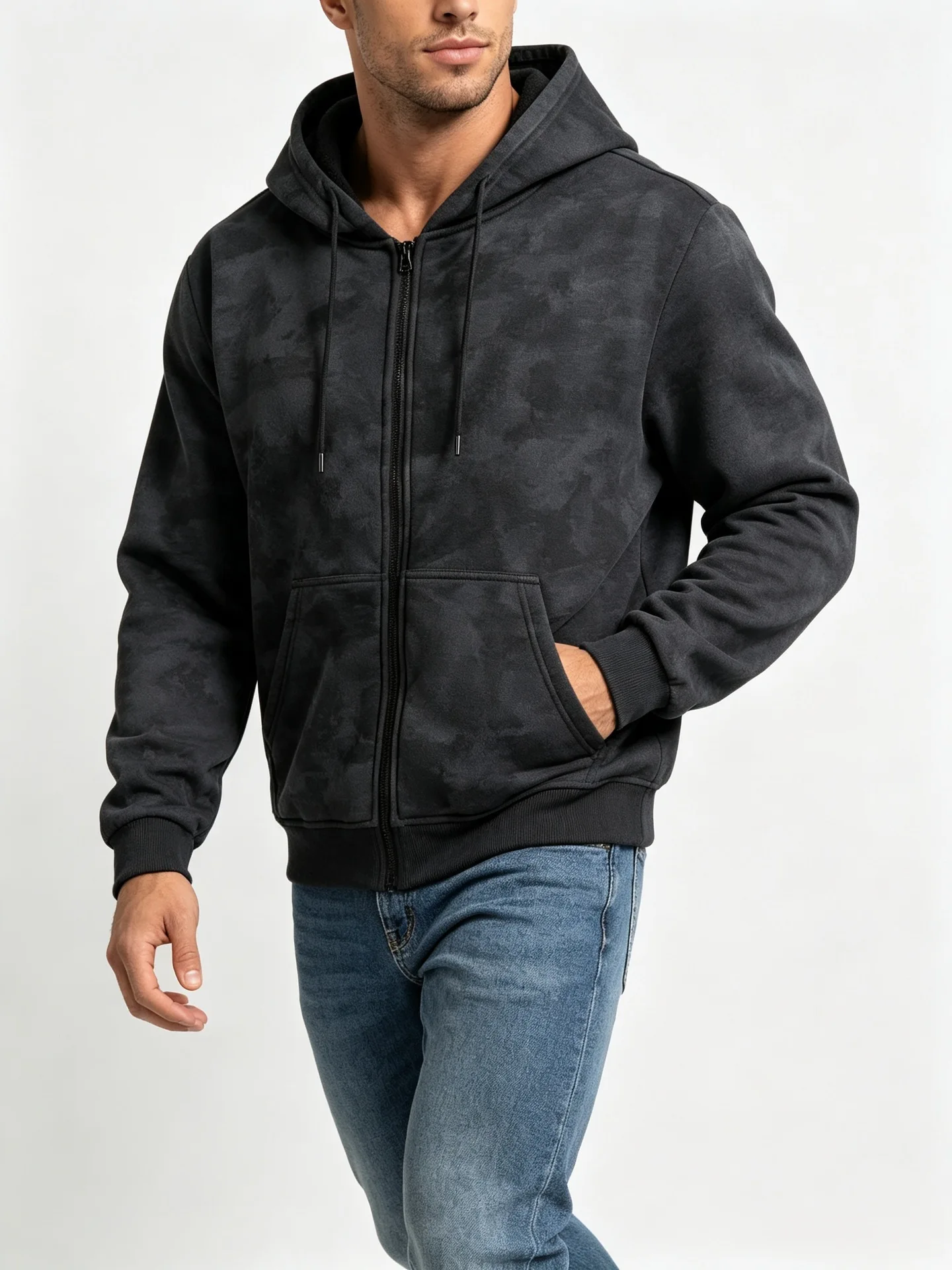 Men Tie Dye Zip Up Hoodie Heavyweight Full Zip Hooded Sweatshirt European High Street Loose Streetwear Autumn Casual Outerwear J