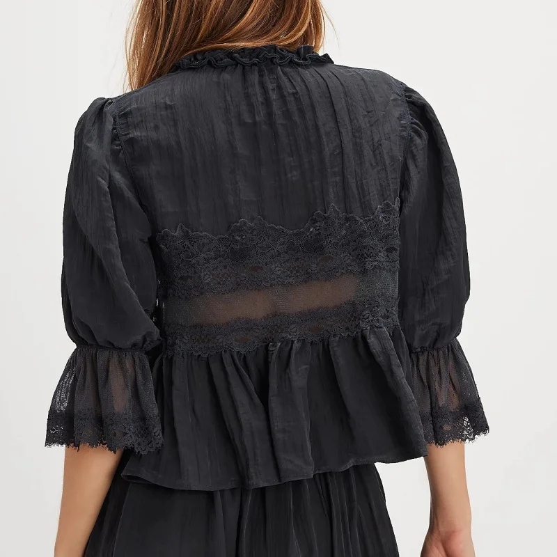 المرأة كشكش ربطة القوس فيونكة بيبلوم القمم بوهو شير فلوي كم قصير بلوزة الدانتيل العيينة مكشكش بيبي دول تيز قميص الشارع الشهير