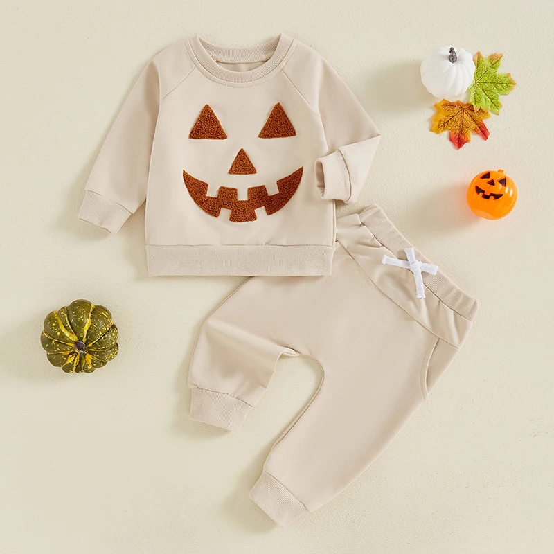 Toddler Baby Halloween Outfit Boy Girl Pumpkin Patch Crew Sweatshirt and Pants Set Halloween Fall Baby Clothes