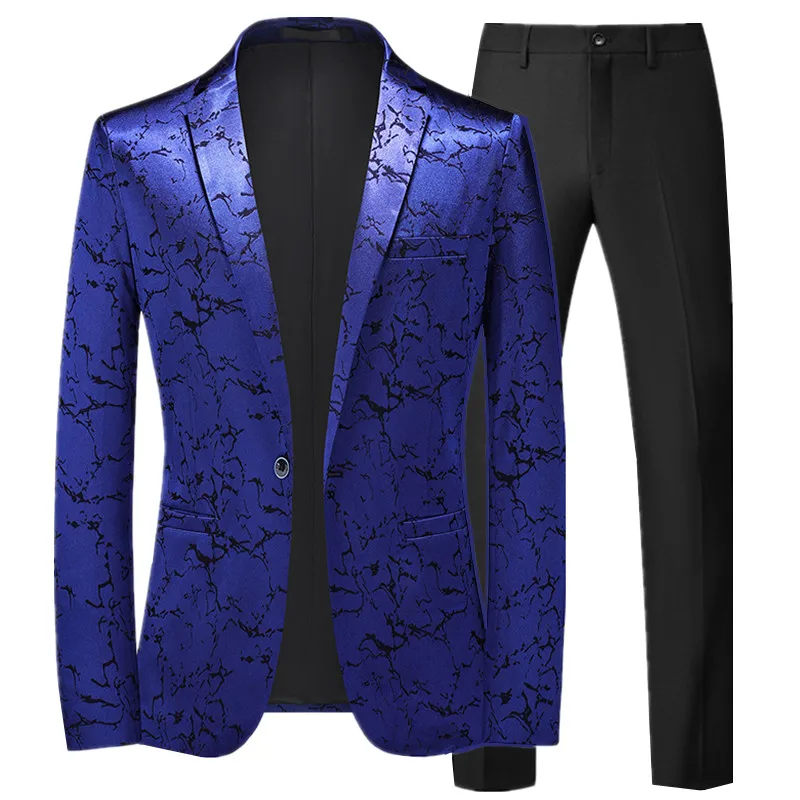 Fashion Brand Male Jacquard Suit Classic Black / White / Blue Business Wedding Banquet Party Dress Men Blazers and Pants