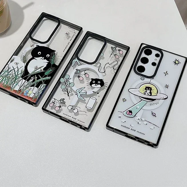 

Black Cat Magnetic Acrylic Black Border Case for Samsung Galaxy S22 Ultra S23 Ultra S24 S25 Ultra Cover Protective Shell