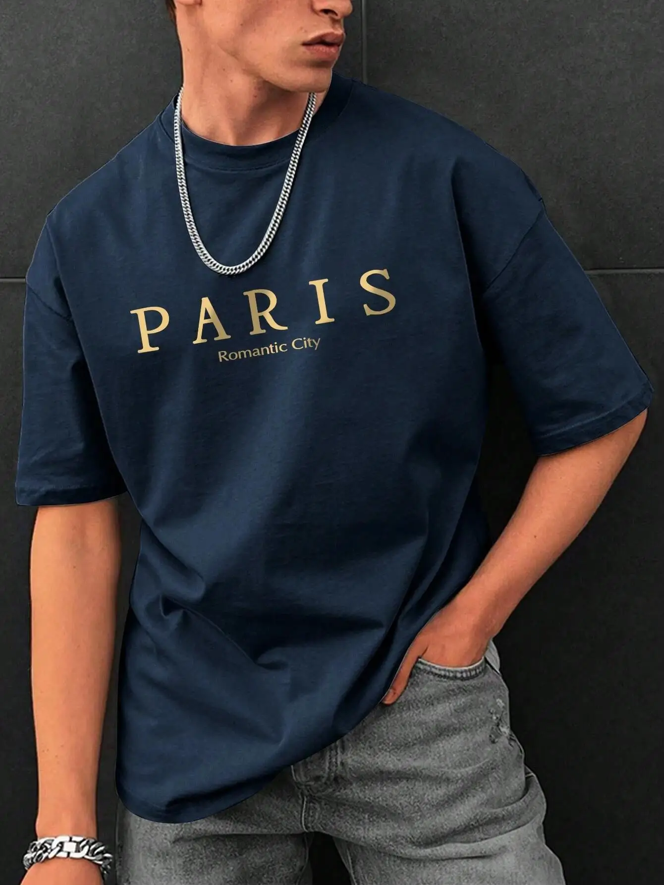 남성용 파리 로맨틱 시티 레터 그래픽 프린트 오버사이즈 티셔츠, 여름 스트리트 패션을 위한 루즈한 코튼 탑