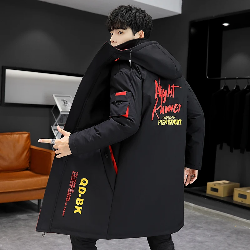 ฤดูหนาว Slim ยาวผู้ชายเสื้อพิมพ์สไตล์ Hooded Overcoat สีดำ Hip Hop Streetwear ฤดูใบไม้ร่วงเกาหลี Mens Jacket