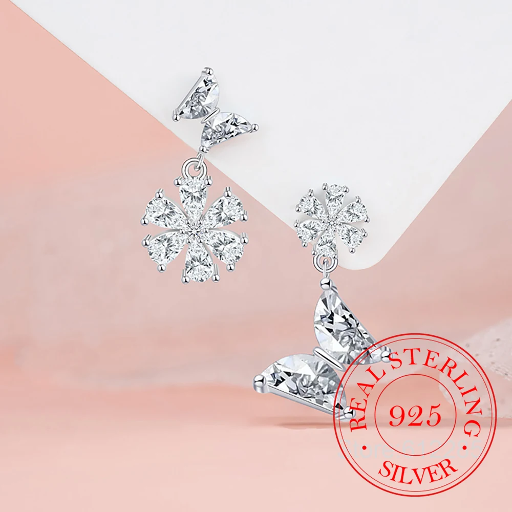 

925 Sterling Silver Jewelry Crystal Asymmetrical Butterfly Flower Stud Earrings for Women Wedding Party Jewelry Girl Friend Gift