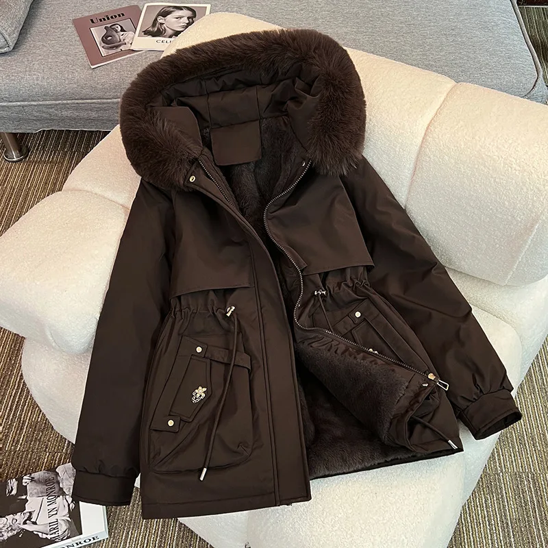 Winter Warm Drawstring Padded Puffer Parkas Fleece Lined Hood Down Jacket Faux Fur Coat for Women Casual Streetwear Outwear