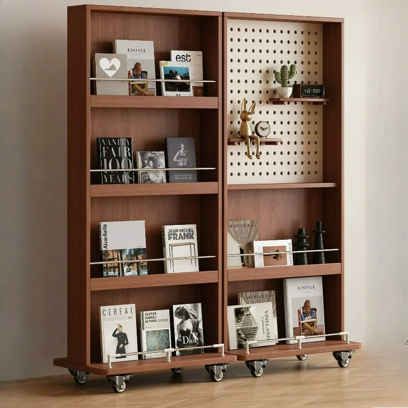Wooden Punch Board Bookcase Wheels Creative Tall Magazine Bookshelf Classic 4-tier Mobile Libreria Scaffale Home Furniture