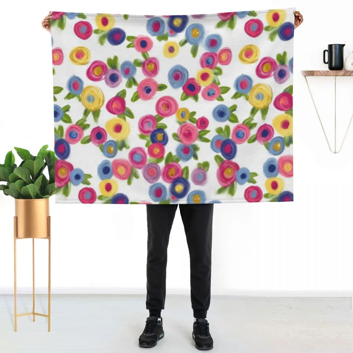 Rose Garden Rose Flowers Cottage Garden blue purple pink orange turquoise Throw Blanket Plaid on the sofa Hairys Blankets