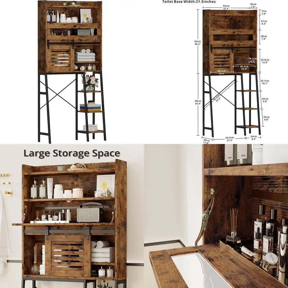 

Vintage Brown Over-the-Toilet Cabinet with Sliding Barn Door and Side Storage Rack for Enhanced Bathroom Organization