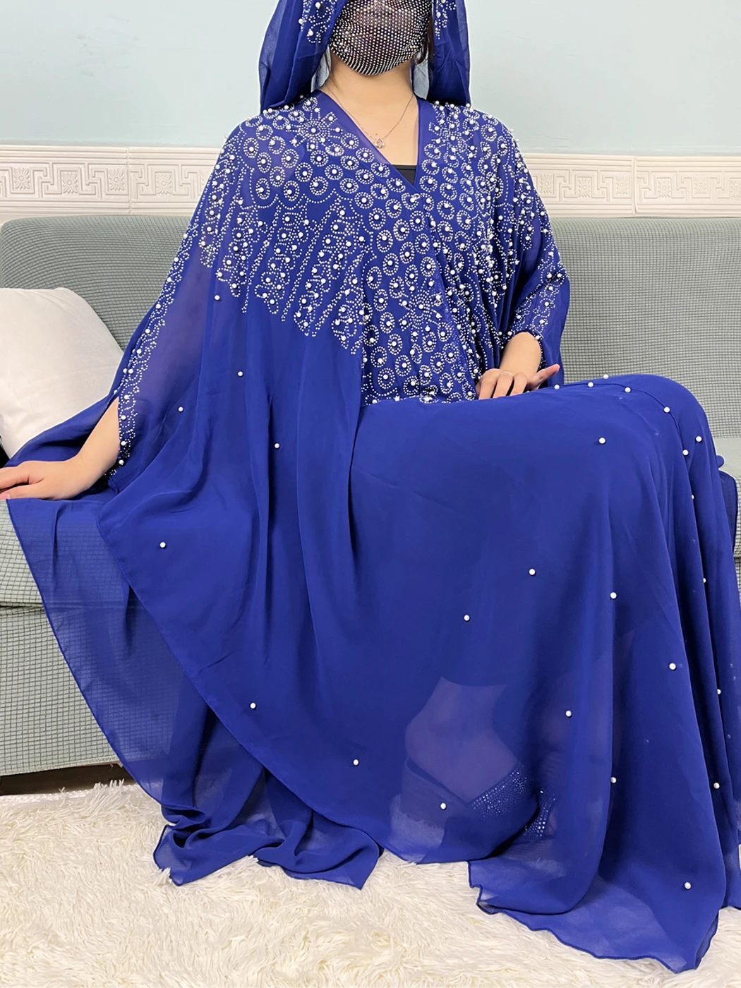 

Muslim Open Abayas For Women 2024 New Chiffon Set Diamonds Beading Boubou Loose Femme Robe African Islam Dresses With Hooded