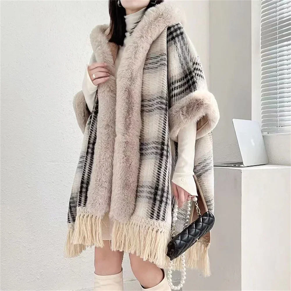 

Women Long Faux Rabbit Fur Streetwear Overcoat Hat Winter Thicken Granular Velvet Cloak Big Pendulum Warm Loose Striped Capes