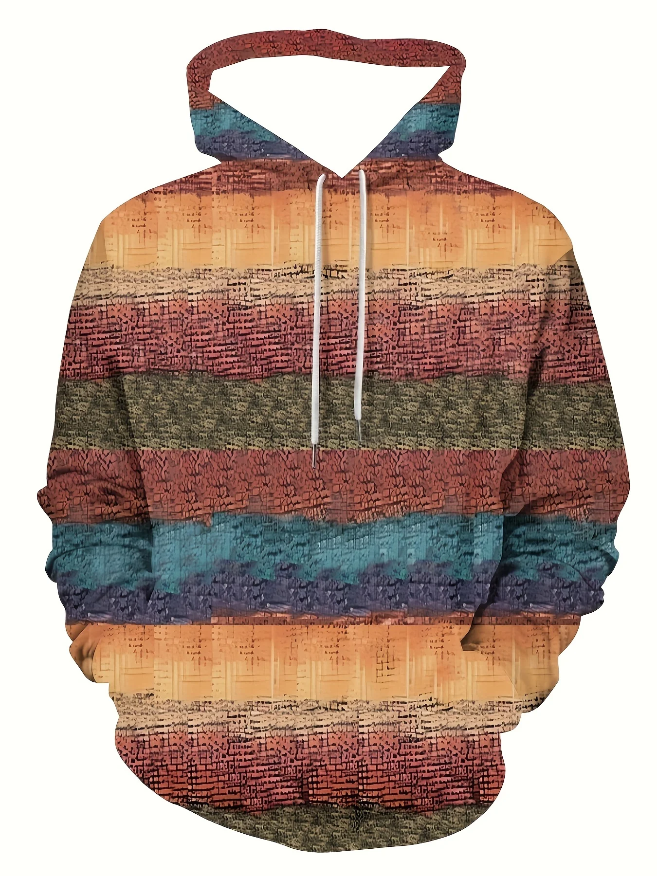 Men's Hoodie thin Autumn Winter Earth Tone Tribal Textured Stripe All Over Print Drawstring Kangaroo Pocket Sweatshirt