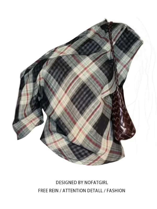 

plus Size Plaid Shirt Korean Style Asymmetric One Shoulder Women's Beautiful Summer 2026 New Arrival Breathable Polyester Fiber
