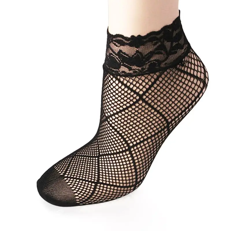 여성 섹시한 여름 짧은 발목 보트 양말 Fishnet 메쉬 블랙 꽃 레이스 팻