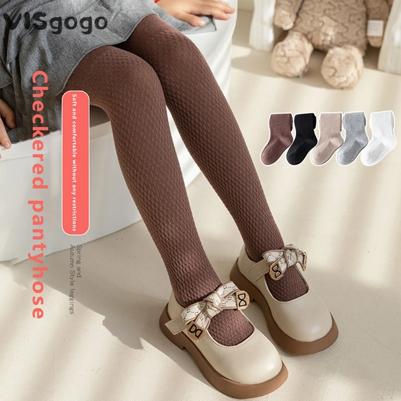 VISgogo Kids Girls Pantyhose Elastic Waist Lattice Solid Lolita Stockings Slim Fit Socks Tights for 1-9 Years Children