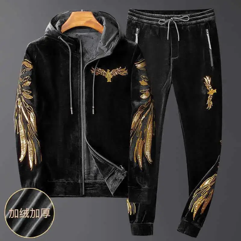 Men's Clothing Autumn and Winter fleece-lined Thickened Golden Velvet Casual Sports suit Fashion Brand Hooded Two-piece Set