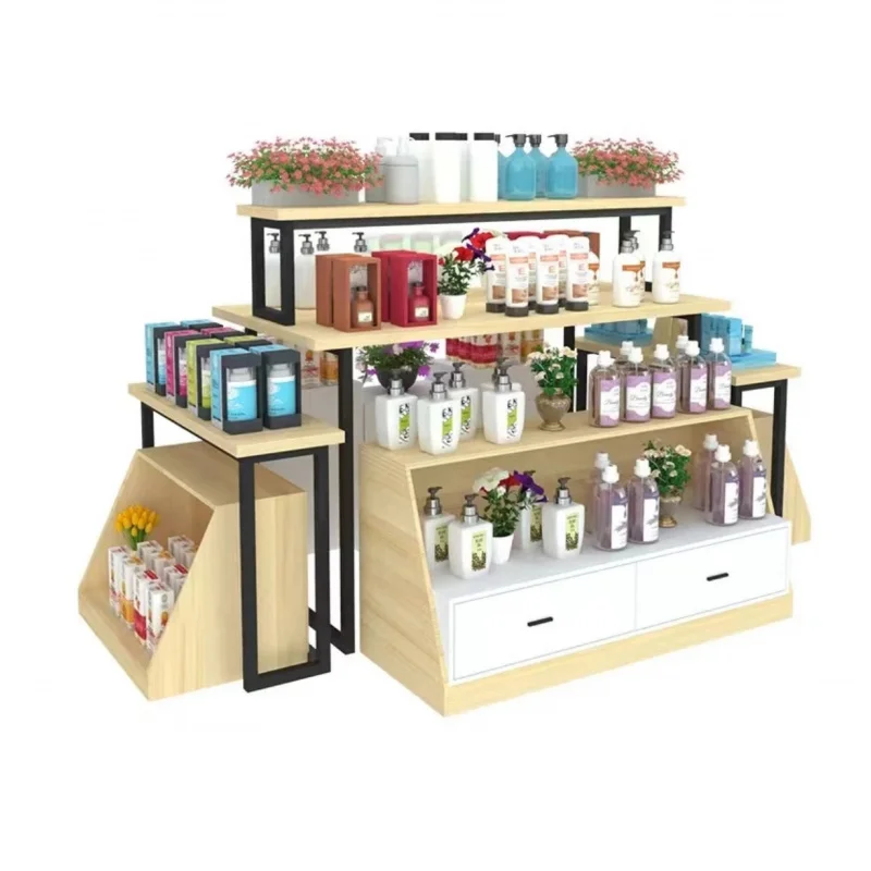 custom.High Level Customized Heavy Duty Steel and Wood Display Table Stationary with Customizable Shelves