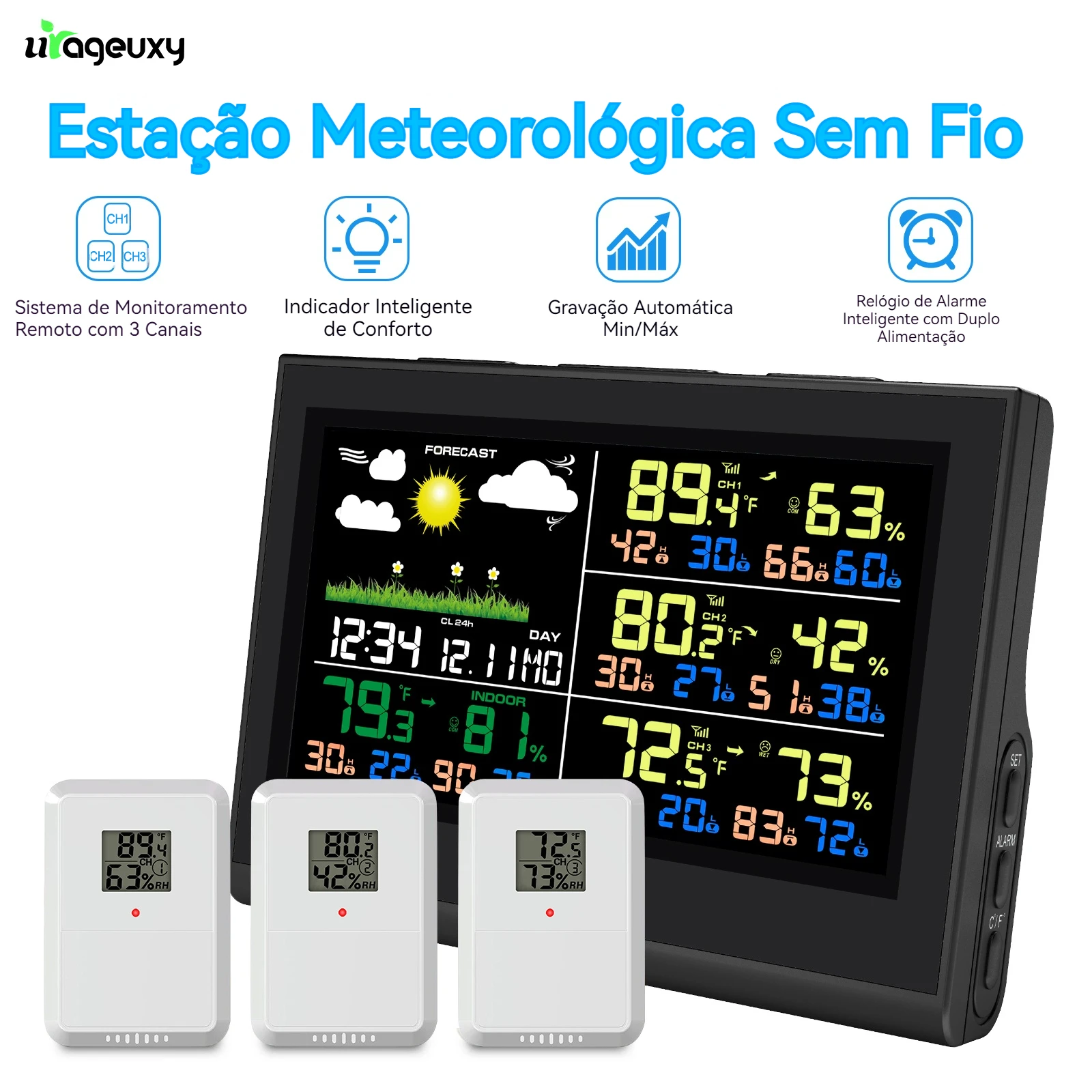 Estação meteorológica sem fio inteligente com 3 sensores, grande display colorido, termômetro digital interno e externo, higrômetro para escritório doméstico