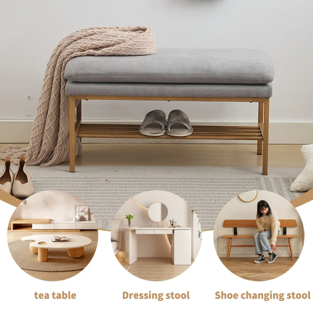 End of Bed Bench with Shelf,Upholstered Storage Shoe Bench, Modern Bedroom Bench with Metal Legs for Living Room, Entryway Stool