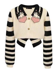 Cartoon Embroidered Stylish Knit Cardigan Sweater Women Striped Elegant Fashion Chic Knitwear 2024 Spring Long Sleeve Jumpers