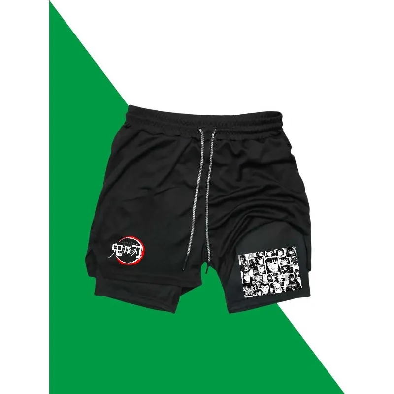 

DemonSlayer дизайн узор свободные повседневные шорты мужские американские Y2K Harajuku негабаритные модные универсальные 2 в 1 бег тренажерный зал тренировки