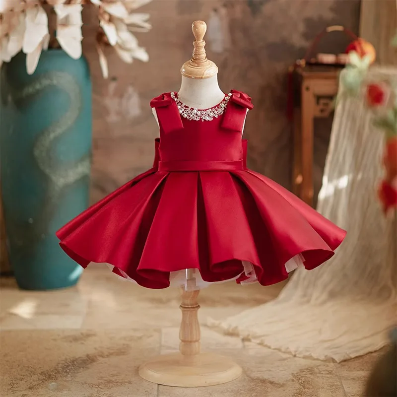 Children Cute Beading Bow Design Host Piano Performance Dress Girls Fashion Birthday Wedding Princess Gown g293