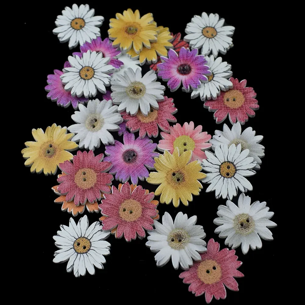 50PCS 25MM Sunflower Random Mixed Flower Painted Wooden Buttons Decorative Buttons for Sewing Scrapbooking Crafts DIY Craft