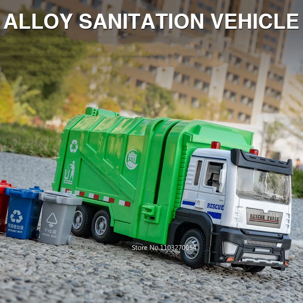 1/50 Garbage Truck Model Car Toy Alloy Diecast Engineering Dumpcart Vehicle Metal Rubber Tire Sound Light Pull Back Toy Kid Gift