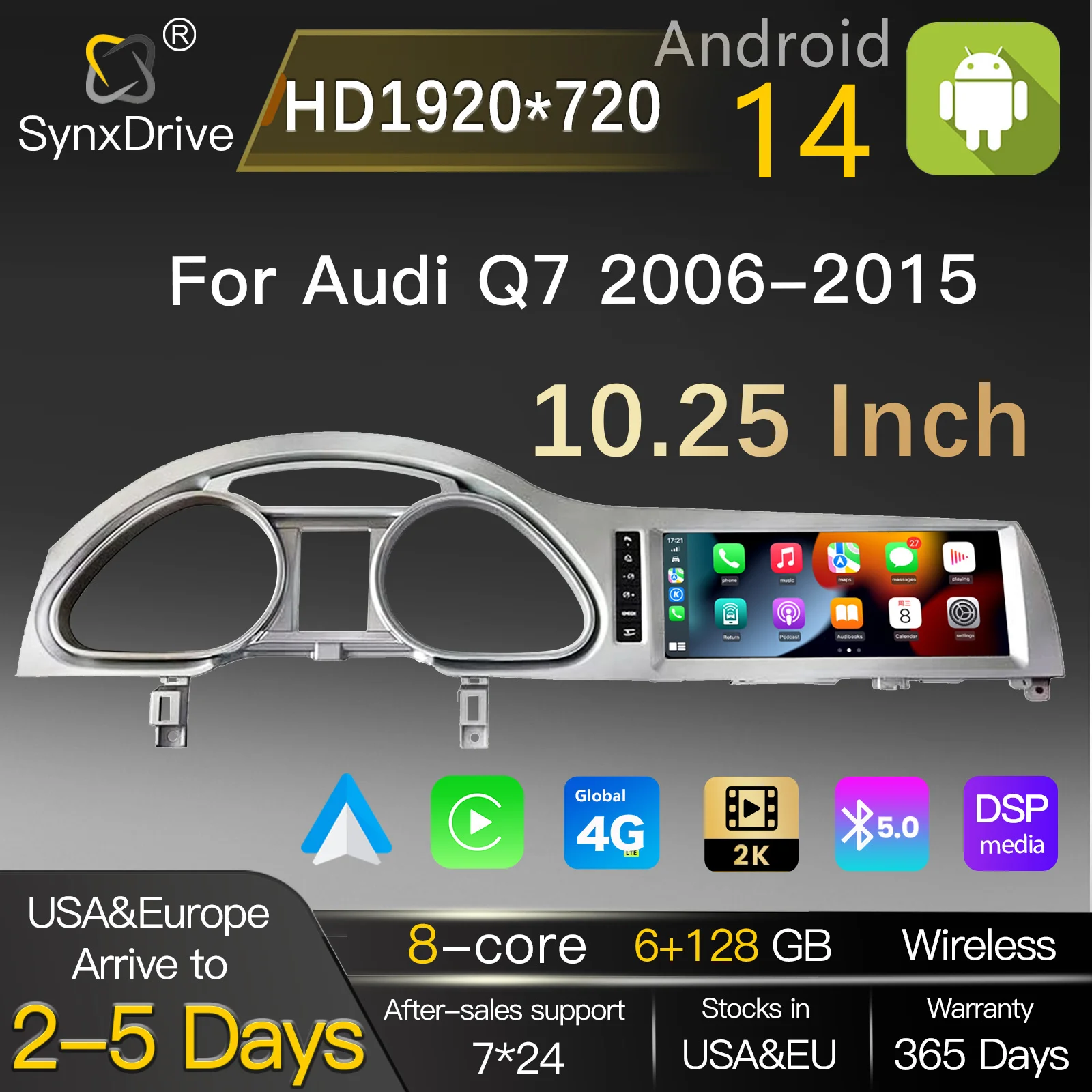 

10.25-дюймовый автомобильный радиоприемник на Android 14 для Audi Q7 4L 2005-2015 MMI 2G 3G, мультимедийная система с CarPlay, навигацией GPS, автомагнитолой, экраном и DSP