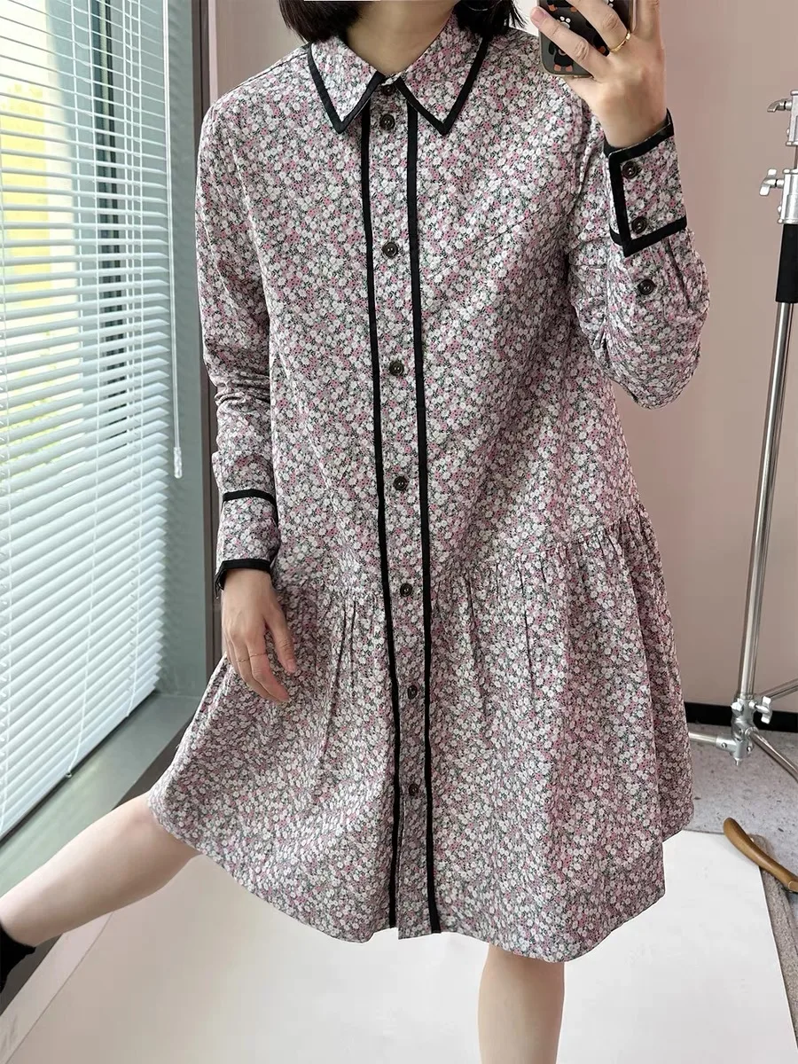 

Nordic Autumn Winter Floral Print Cotton Dr Women's Double Collar Pleated Casual High Waist A-Line Dr 3572