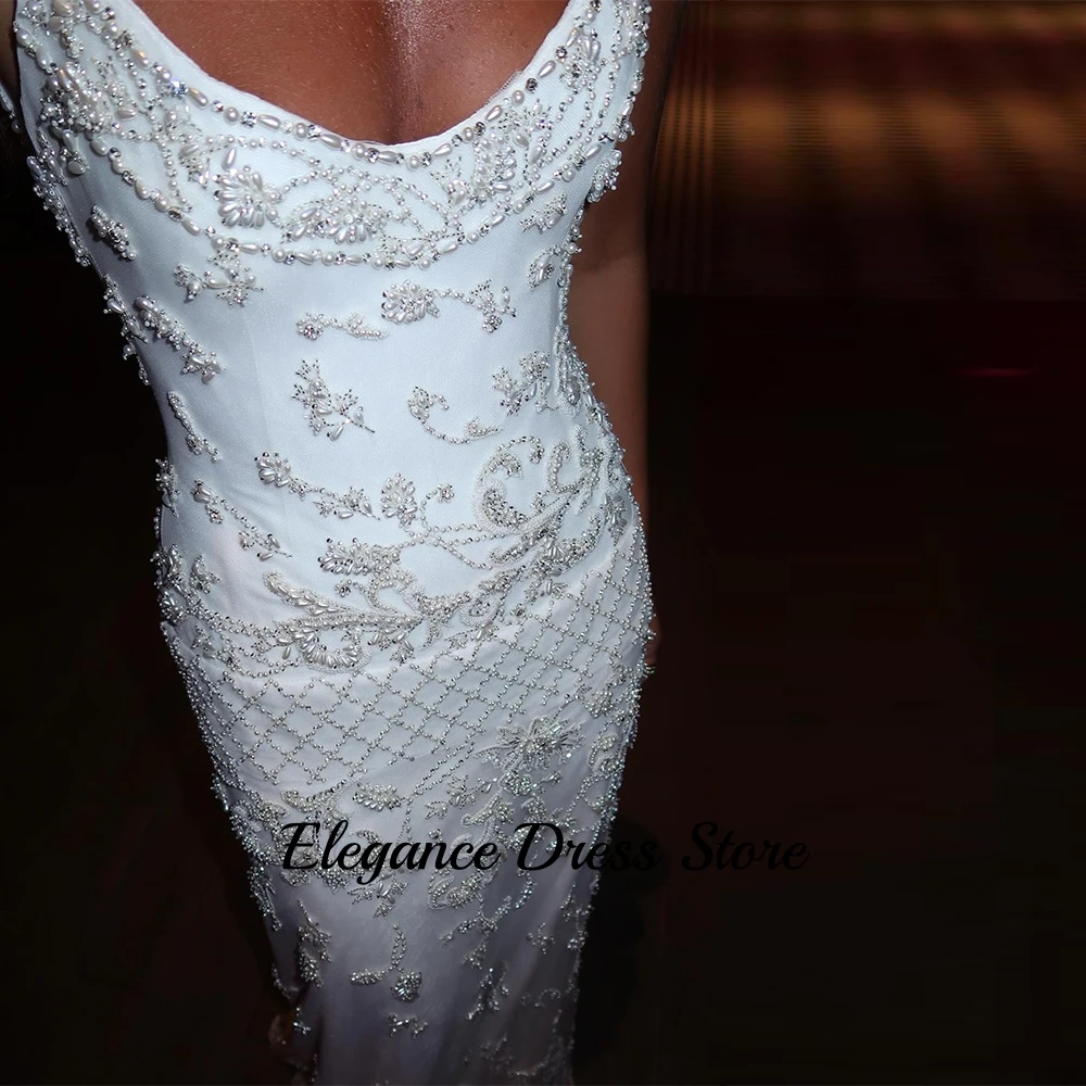 Biała Sukienka Wieczorowa z Koronką, Szyta na Miarę, Dekolt Okrągły, Cienkie Ramiączka, Sukienki na Powrót do Szkoły, Błyszczące Kryształowe Perły, Suknie na Przyjęcia