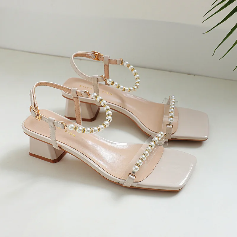 Heels Women Summer Low Heel Transparent String Bead Rhinestone Temperament Princess Style Versatile Roman Sandals Womens Shoes