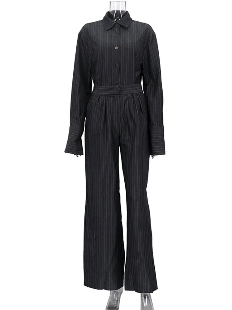 MCDV – ensemble deux pièces à rayures amples pour femmes, chemisier à manches longues et pantalon taille haute à jambes larges, tenues de bureau pour dames